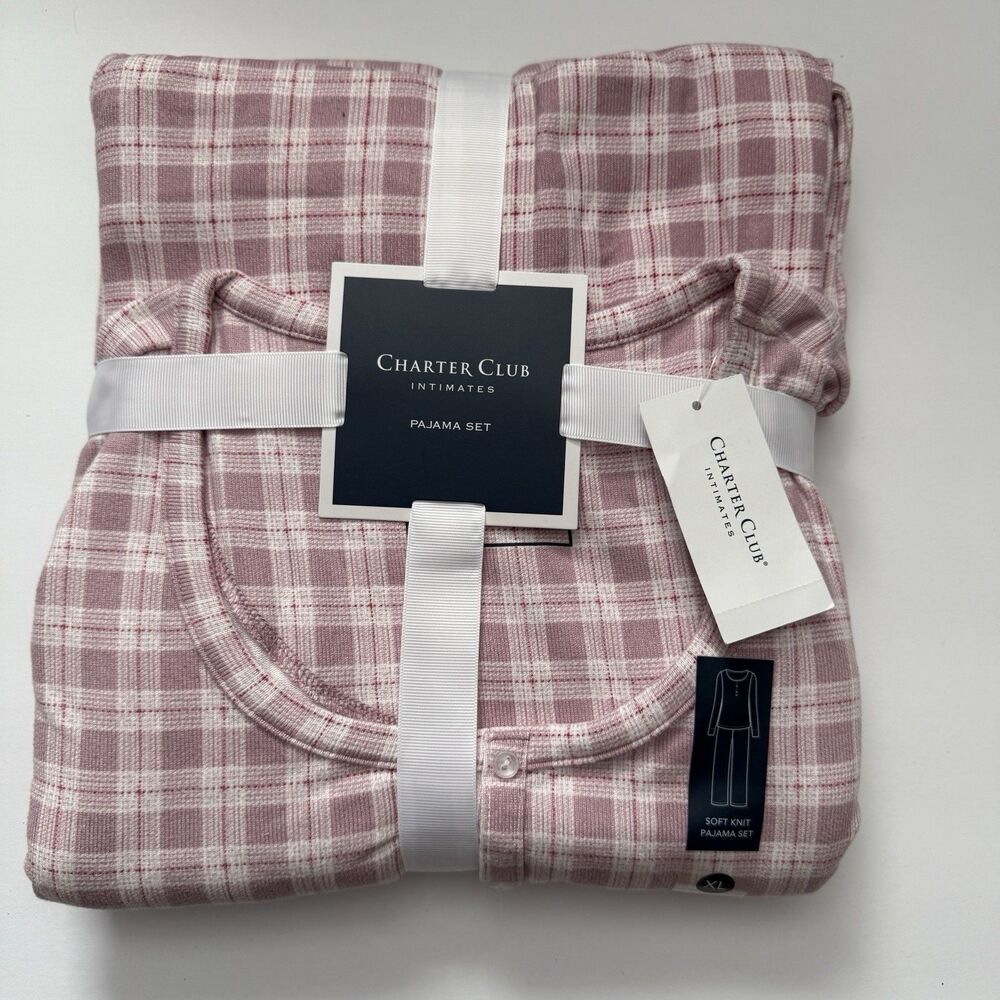 NWT Charter Club Women 2 Pc Pajama Set Printed Long Sleeve Cozy Plaid Pink Check